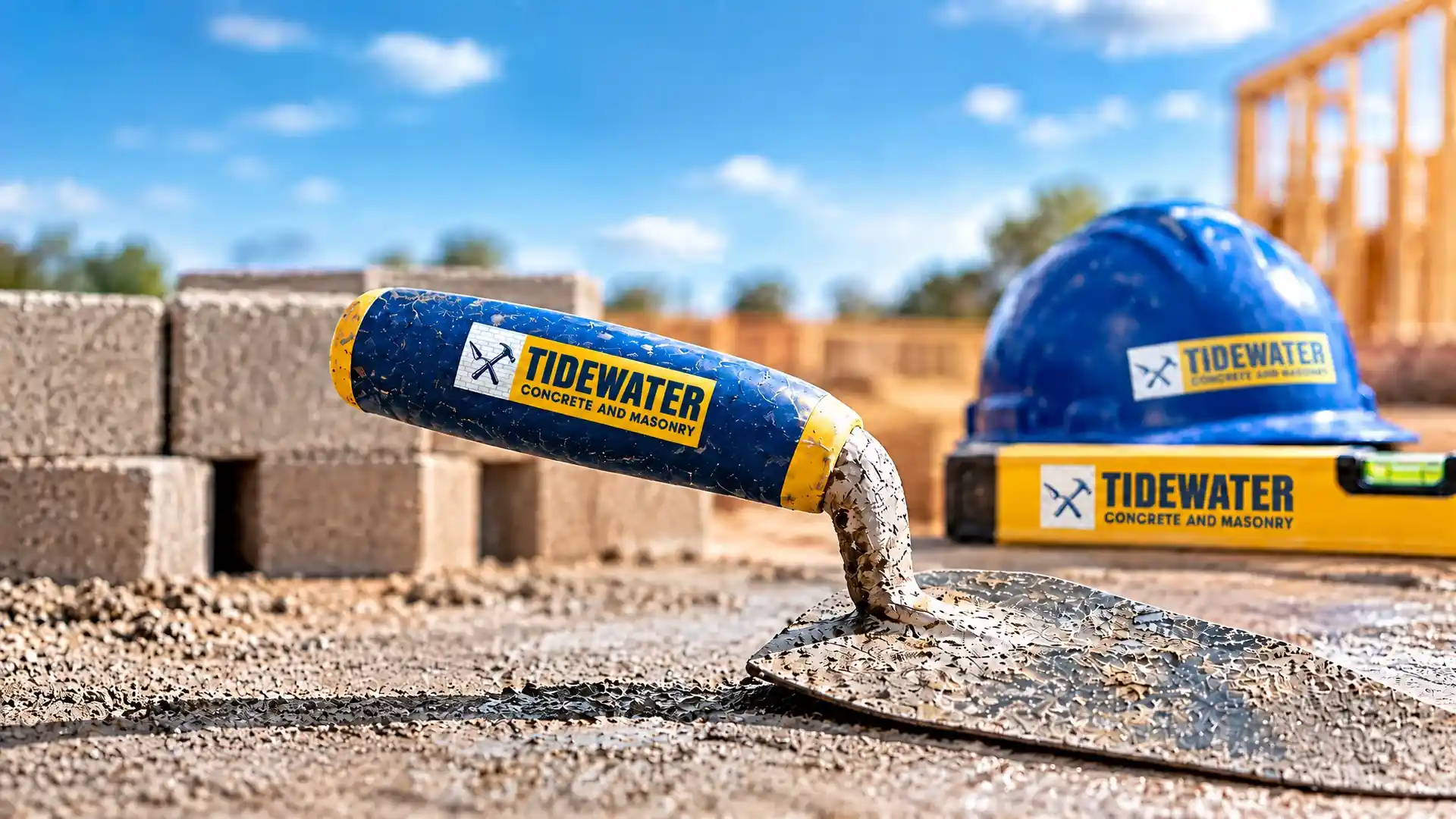 Tidewater trowel resting on fresh concrete beside block and a hard hat
