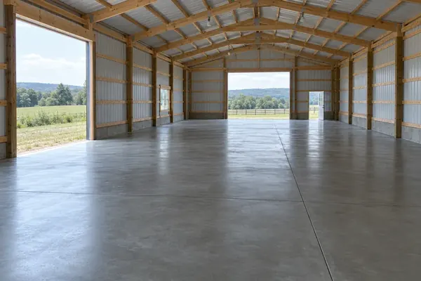 Fresh concrete floor inside a new pole barn